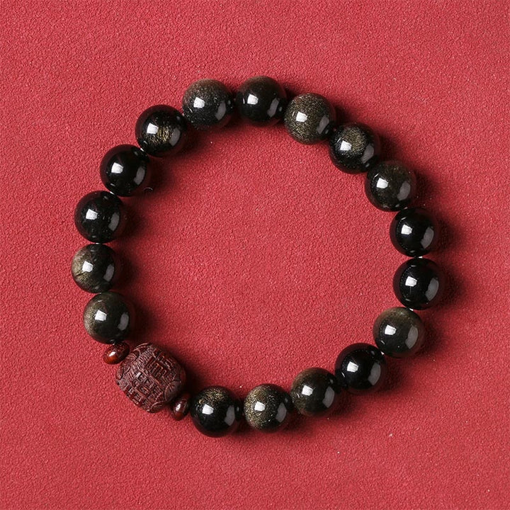 Buddha Stones Oro Naturale Ossidiana Lucente Arcobaleno Ossidiana Om Mani Padme Hum Fu Carattere Braccialetto di Guarigione