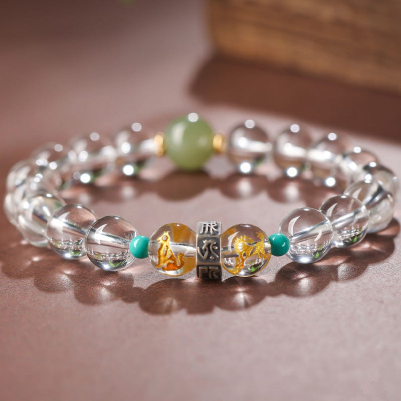 Buddha Stones 925 Sterling Silver Zodiaco cinese Buddha natale Gruppi di buon auspicio Cristallo bianco Braccialetto di guarigione in giada di Hetian - image 7