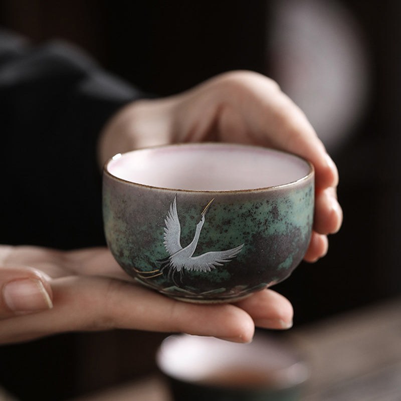Tazza da tè in ceramica con gru di buon auspicio , Buddha Stones, tazza da tè Kung Fu