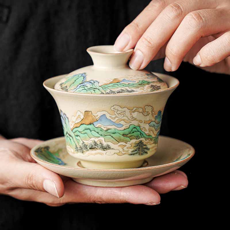 Buddha Stones Un panorama di fiumi e montagne Fiori Gaiwan in ceramica Sancai Tazza da tè Tazza da tè Kung Fu e piattino con coperchio - Un panorama di fiumi e montagne 12cm*9cm*100ml - image 0