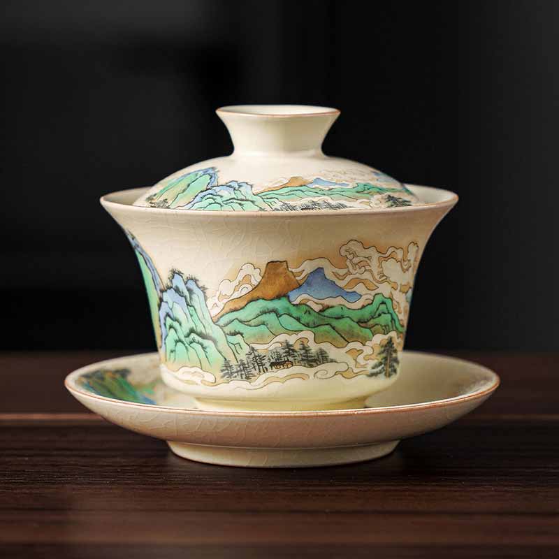 Buddha Stones Un panorama di fiumi e montagne Fiori Gaiwan in ceramica Sancai Tazza da tè Tazza da tè Kung Fu e piattino con coperchio - image 1