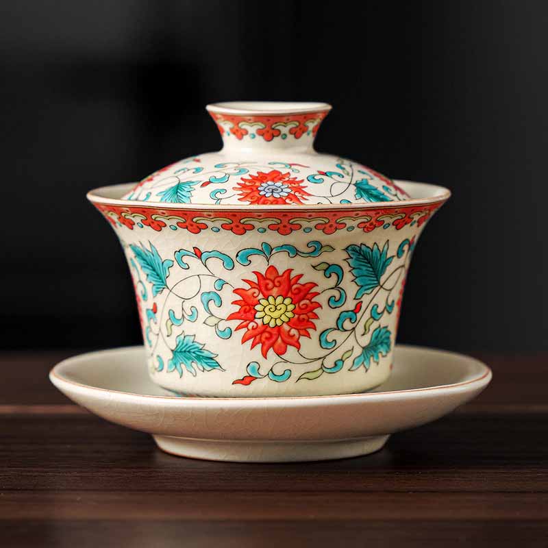 Buddha Stones Un panorama di fiumi e montagne Fiori Gaiwan in ceramica Sancai Tazza da tè Tazza da tè Kung Fu e piattino con coperchio - Fiore 12cm*9cm*100ml - image 8