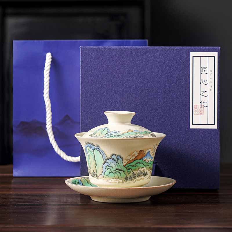 Buddha Stones Un panorama di fiumi e montagne Fiori Gaiwan in ceramica Sancai Tazza da tè Tazza da tè Kung Fu e piattino con coperchio - Un panorama di fiumi e montagne 12 cm * 9 cm * 100 ml con confezione regalo - image 9