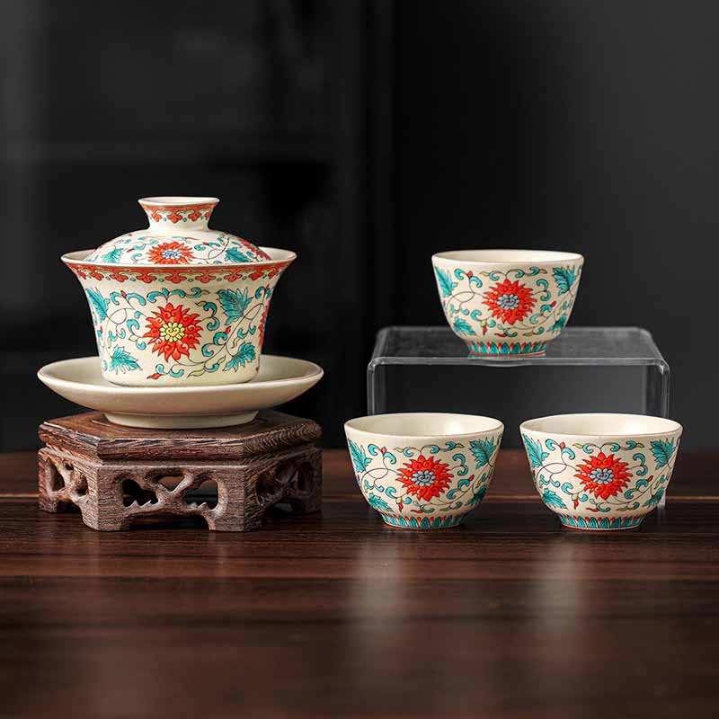 Buddha Stones Un panorama di fiumi e montagne Fiori Gaiwan in ceramica Sancai Tazza da tè Tazza da tè Kung Fu e piattino con coperchio - 4 pezzi di fiori (1 pezzo 12 cm * 9 cm * 100 ml e 3 pezzi 6,5 * 4 cm * 40 ml) - image 14