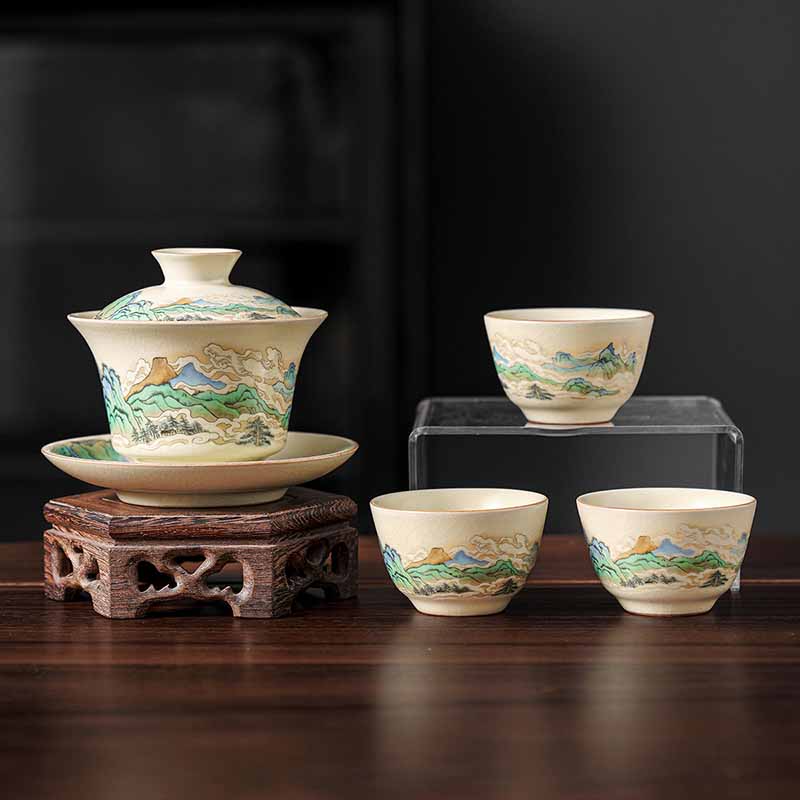 Buddha Stones Un panorama di fiumi e montagne Fiori Gaiwan in ceramica Sancai Tazza da tè Tazza da tè Kung Fu e piattino con coperchio - 4 pezzi Panorama di fiumi e montagne (1 pezzo 12 cm * 9 cm * 100 ml e 3 pezzi 6,5 * 4 cm * 40 ml) - image 13