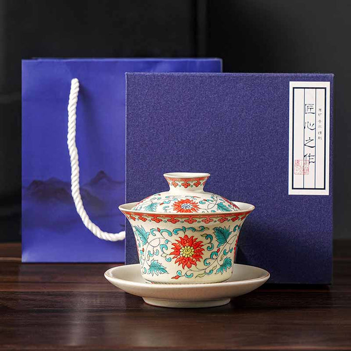 Buddha Stones Un panorama di fiumi e montagne Fiori Gaiwan in ceramica Sancai Tazza da tè Tazza da tè Kung Fu e piattino con coperchio - Fiore 12 cm * 9 cm * 100 ml con confezione regalo - image 12