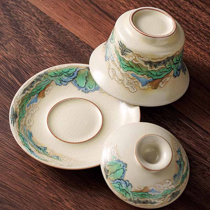 Buddha Stones Un panorama di fiumi e montagne Fiori Gaiwan in ceramica Sancai Tazza da tè Tazza da tè Kung Fu e piattino con coperchio - image 2