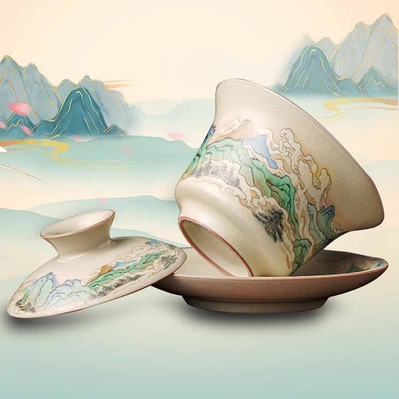 Buddha Stones Un panorama di fiumi e montagne Fiori Gaiwan in ceramica Sancai Tazza da tè Tazza da tè Kung Fu e piattino con coperchio - image 5