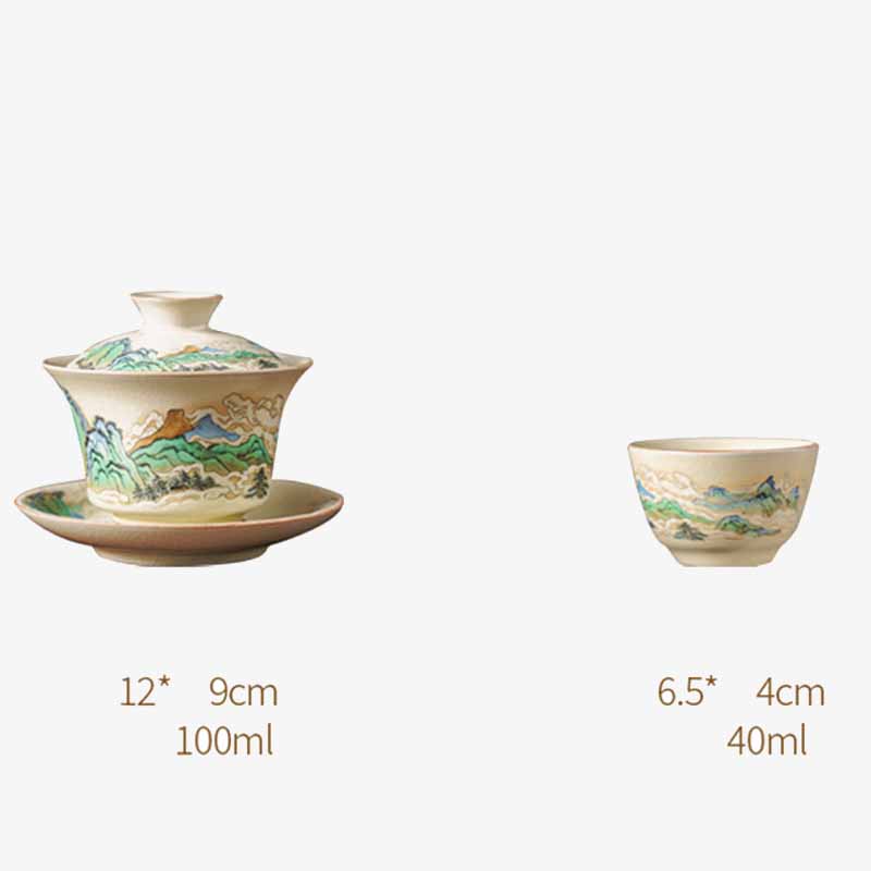 Buddha Stones Un panorama di fiumi e montagne Fiori Gaiwan in ceramica Sancai Tazza da tè Tazza da tè Kung Fu e piattino con coperchio - image 7