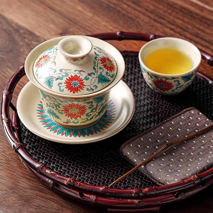 Buddha Stones Un panorama di fiumi e montagne Fiori Gaiwan in ceramica Sancai Tazza da tè Tazza da tè Kung Fu e piattino con coperchio - image 15