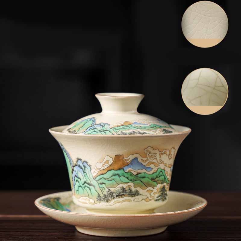 Buddha Stones Un panorama di fiumi e montagne Fiori Gaiwan in ceramica Sancai Tazza da tè Tazza da tè Kung Fu e piattino con coperchio - image 6
