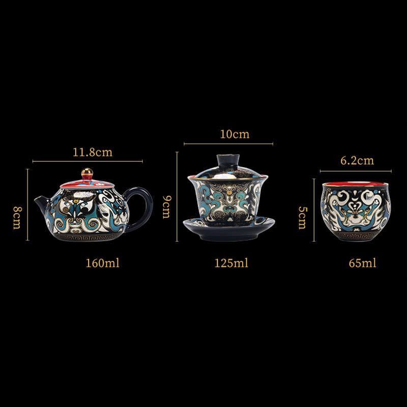 Buddha Stones Maschera dell'Opera di Pechino Modello Ceramica Gaiwan Sancai Tazza da Tè Kung Fu Tazza da Tè e Piattino con Coperchio Teiera