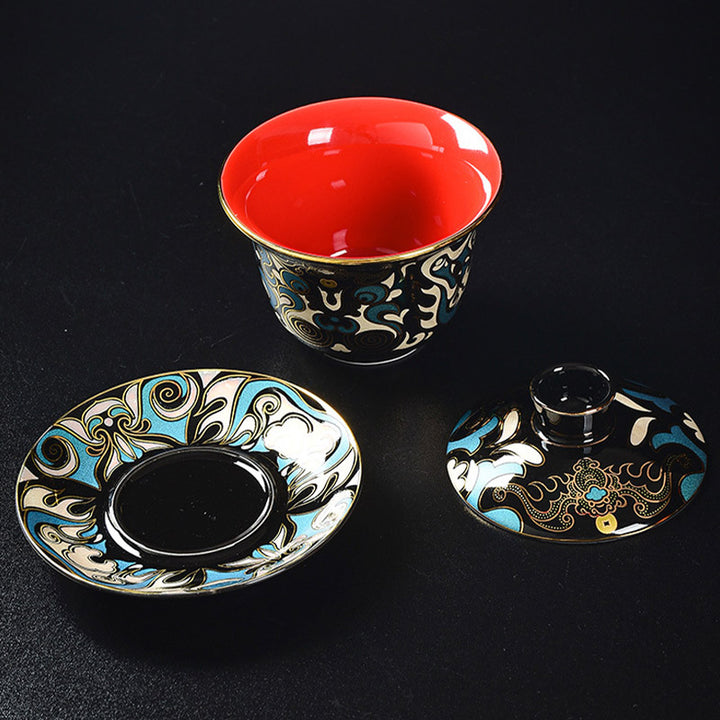 Buddha Stones Maschera dell'Opera di Pechino Modello Ceramica Gaiwan Sancai Tazza da Tè Kung Fu Tazza da Tè e Piattino con Coperchio Teiera