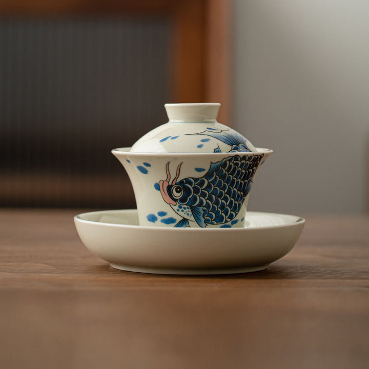 Buddha Stones Koi Fish Arowana Ceramica Gaiwan Sancai Tazza da tè Kung Fu Tazza da tè con coperchio 130ml