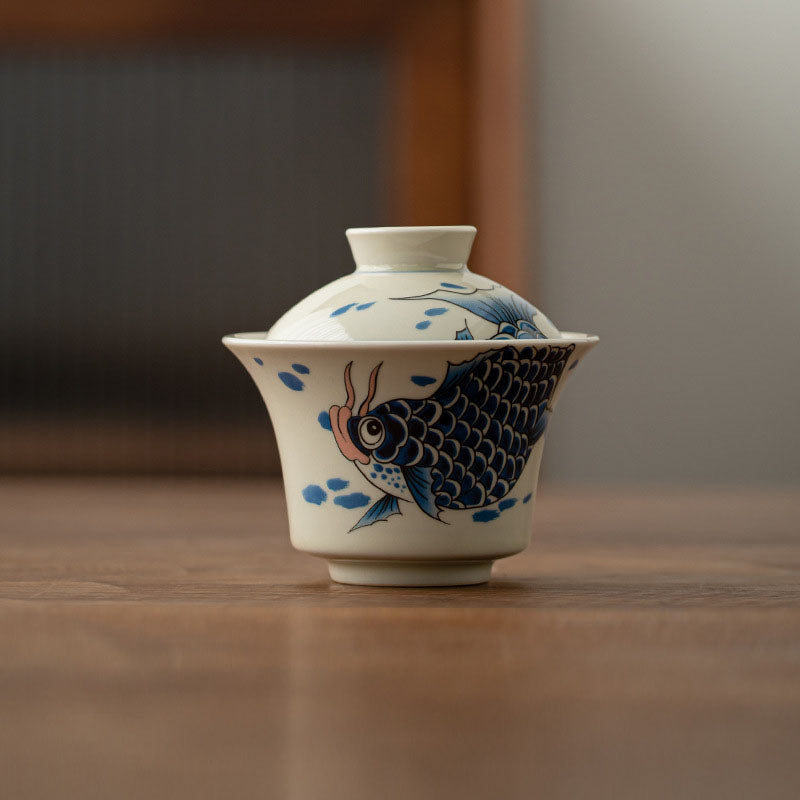 Buddha Stones Koi Fish Arowana Ceramica Gaiwan Sancai Tazza da tè Kung Fu Tazza da tè con coperchio 130ml