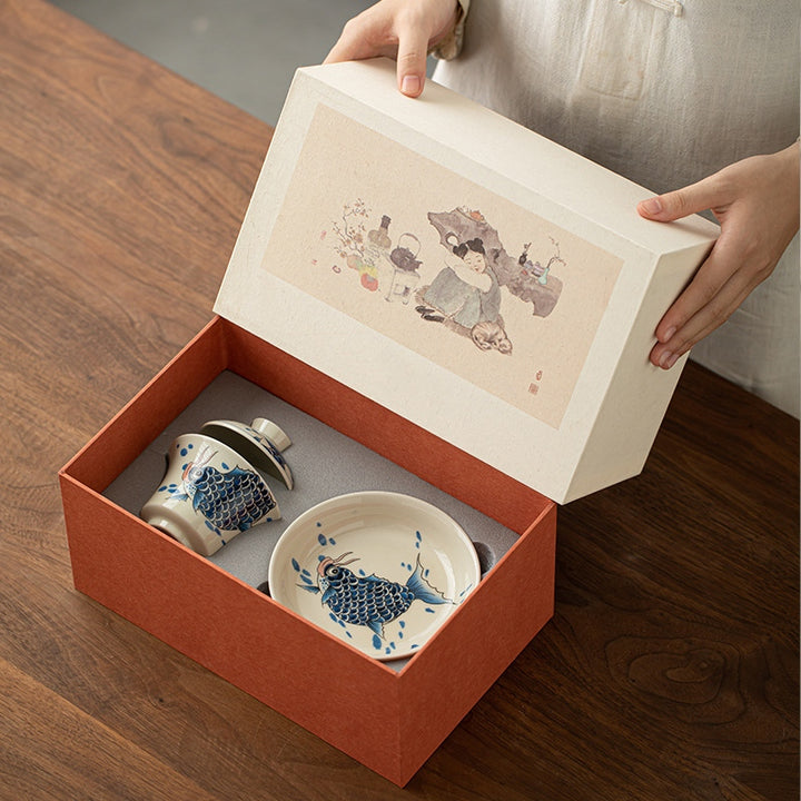 Buddha Stones Koi Fish Arowana Ceramica Gaiwan Sancai Tazza da tè Kung Fu Tazza da tè con coperchio 130ml