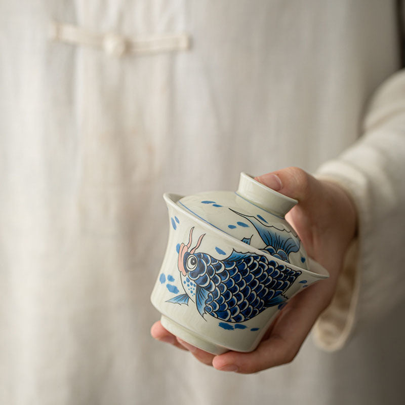 Buddha Stones Koi Fish Arowana Ceramica Gaiwan Sancai Tazza da tè Kung Fu Tazza da tè con coperchio 130ml