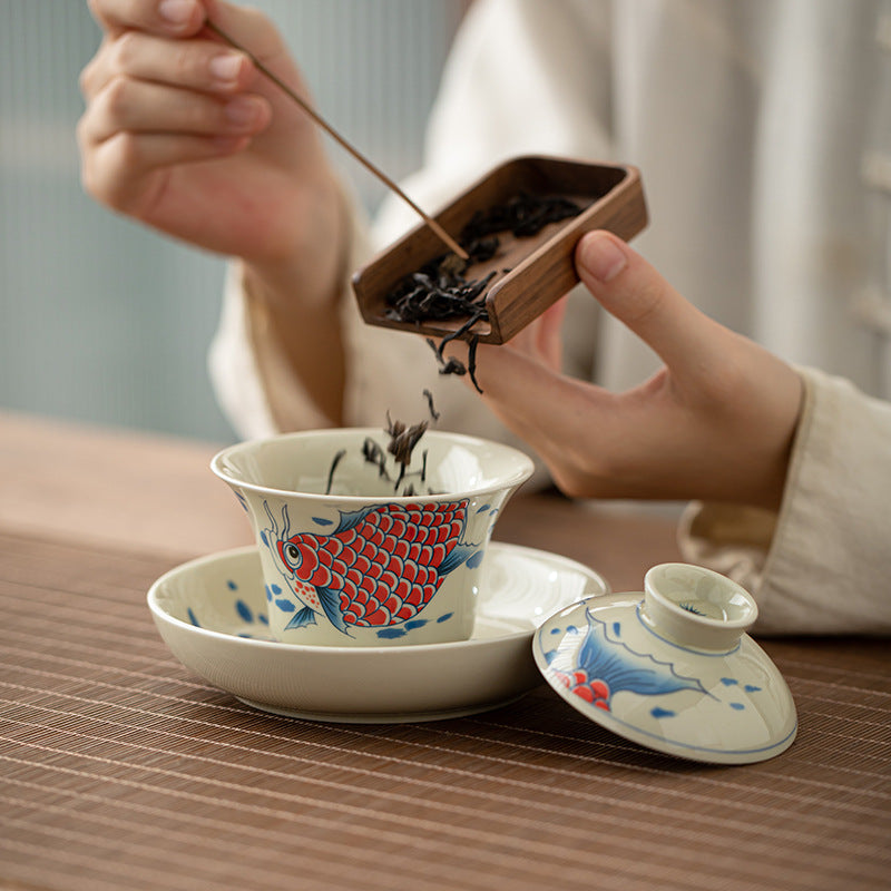 Buddha Stones Koi Fish Arowana Ceramica Gaiwan Sancai Tazza da tè Kung Fu Tazza da tè con coperchio 130ml