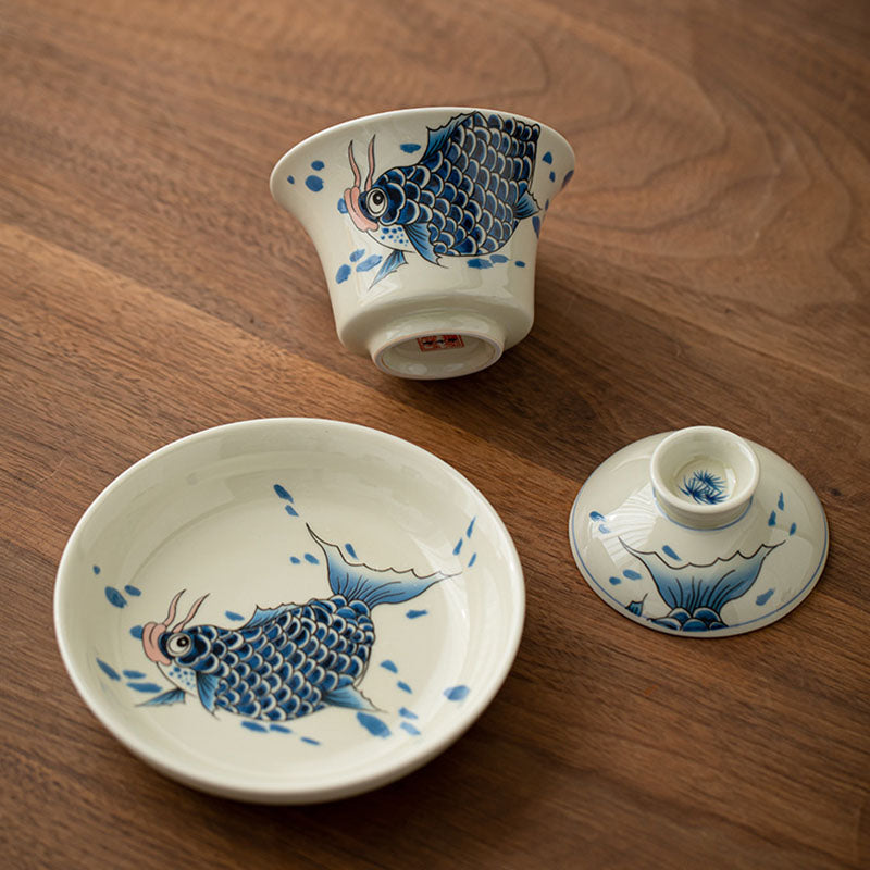 Buddha Stones Koi Fish Arowana Ceramica Gaiwan Sancai Tazza da tè Kung Fu Tazza da tè con coperchio 130ml