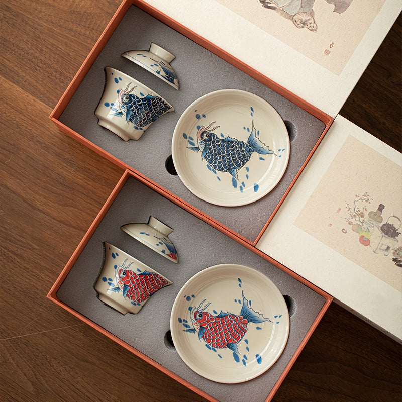 Buddha Stones Koi Fish Arowana Ceramica Gaiwan Sancai Tazza da tè Kung Fu Tazza da tè con coperchio 130ml
