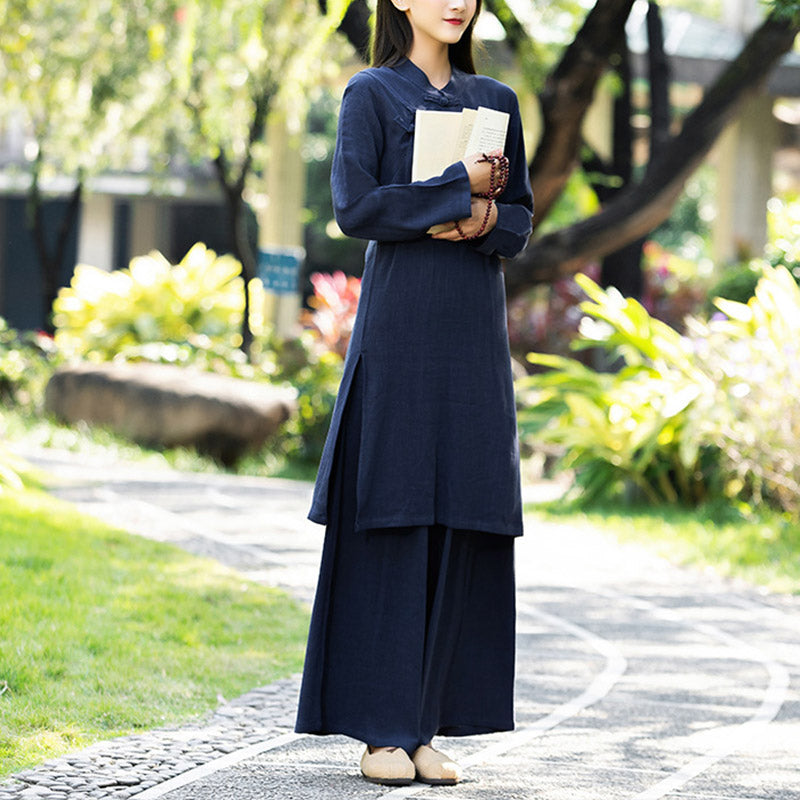 Buddha Stones 2 pezzi tinta unita manica lunga Zen Yoga Meditazione Abbigliamento Top Pantaloni Set da donna - Blu navy (maglia e pantaloni) - US8-10, UK/AU12-14, EU40-42 (2XL) - image 10