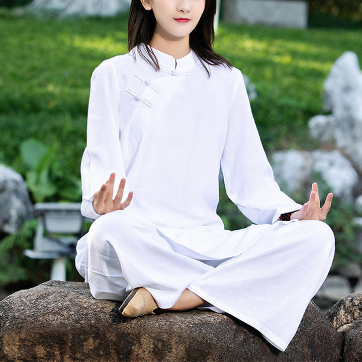 Buddha Stones 2 pezzi tinta unita manica lunga Zen Yoga Meditazione Abbigliamento Top Pantaloni Set da donna - Bianco (maglietta e pantaloni) - US8-10, UK/AU12-14, EU40-42 (2XL) - image 0