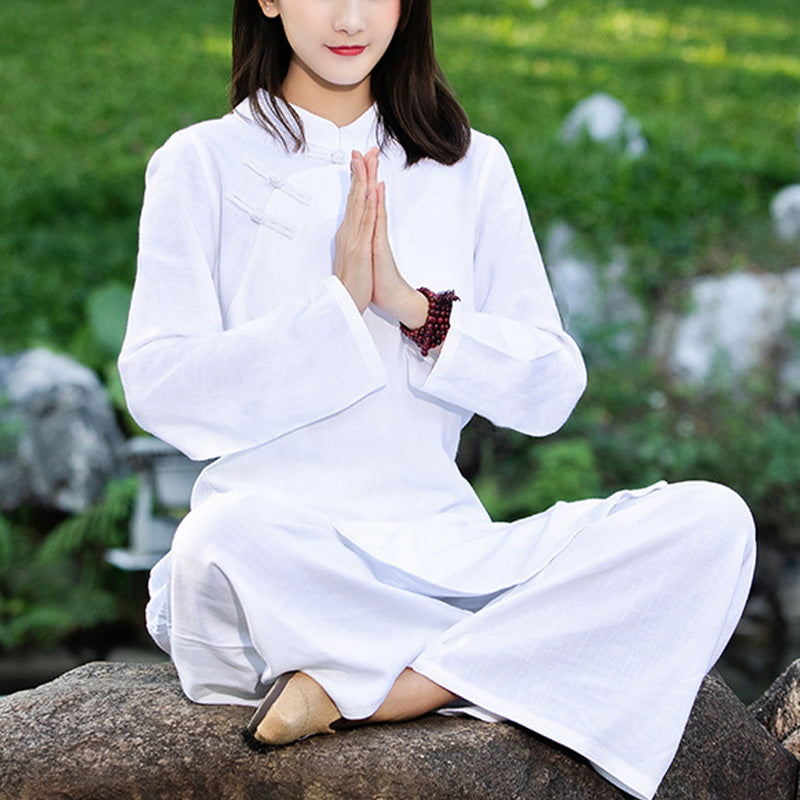 Buddha Stones 2 pezzi tinta unita manica lunga Zen Yoga Meditazione Abbigliamento Top Pantaloni Set da donna - image 1