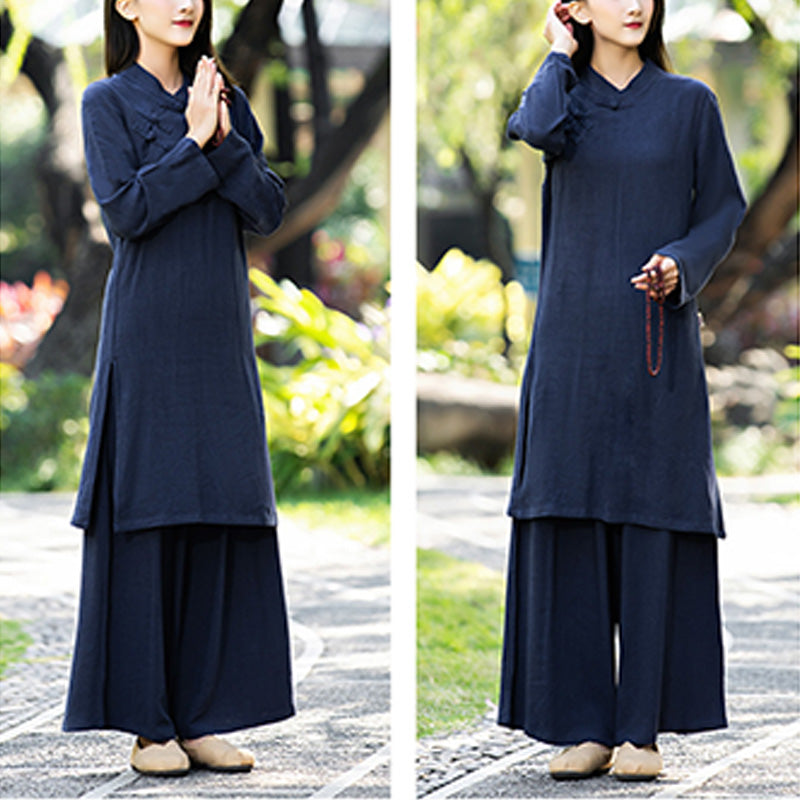 Buddha Stones 2 pezzi tinta unita manica lunga Zen Yoga Meditazione Abbigliamento Top Pantaloni Set da donna - image 11
