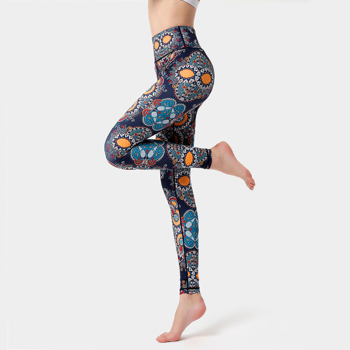 Pantaloni stampati Buddha Stones Flowers Leaves Birds Sport Fitness Yoga Danza Leggings Pantaloni yoga da donna - Arancione Nero Blu - US8-10, UK/AU12-14, EU40-42 (XL) - image 0