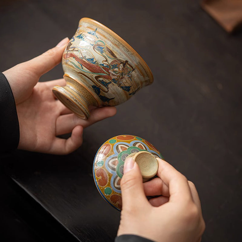 Tazza da tè in ceramica Gaiwan Sancai con Buddha Stones Dunhuang Flying Apsaras Tazza da tè Kung Fu con coperchio