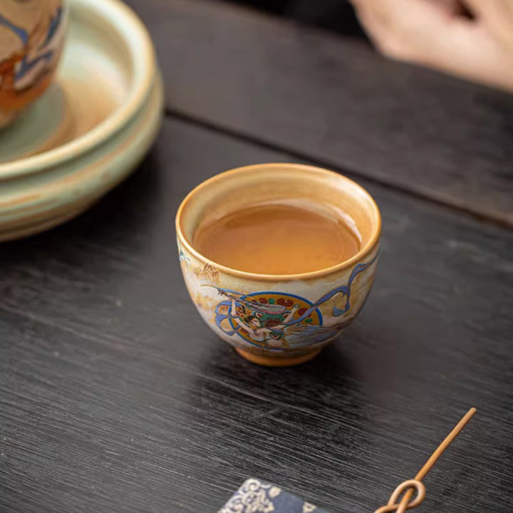 Tazza da tè in ceramica Gaiwan Sancai con Buddha Stones Dunhuang Flying Apsaras Tazza da tè Kung Fu con coperchio