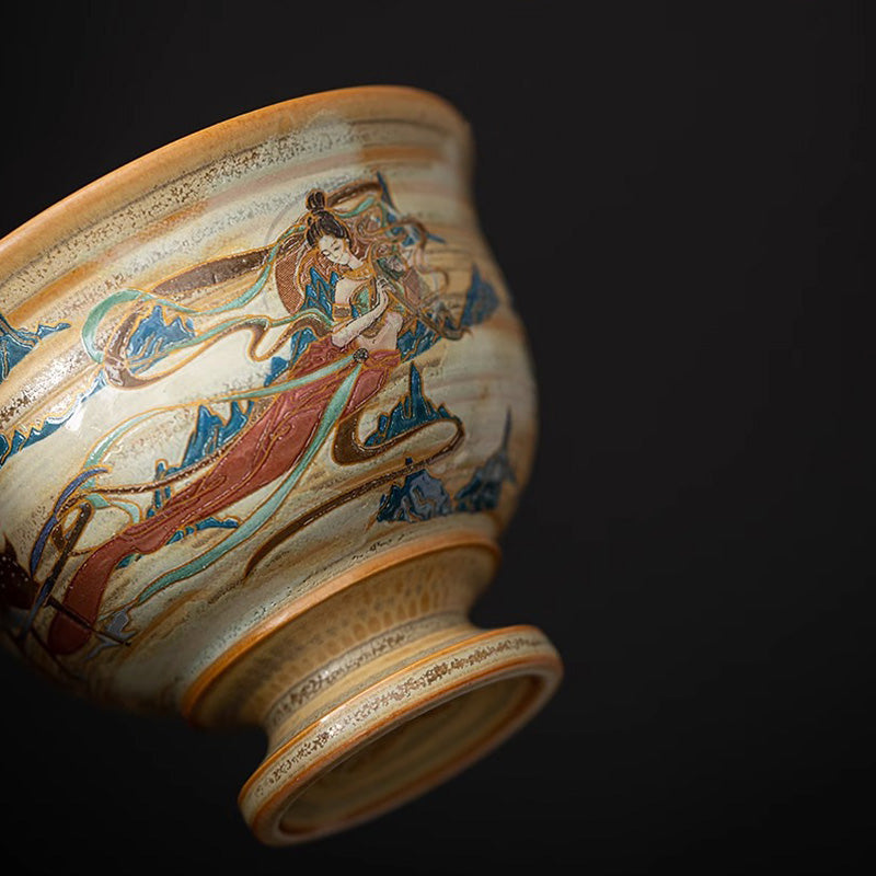 Tazza da tè in ceramica Gaiwan Sancai con Buddha Stones Dunhuang Flying Apsaras Tazza da tè Kung Fu con coperchio