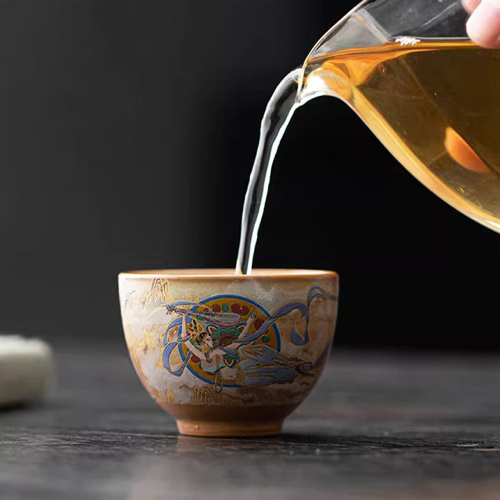 Tazza da tè in ceramica Gaiwan Sancai con Buddha Stones Dunhuang Flying Apsaras Tazza da tè Kung Fu con coperchio