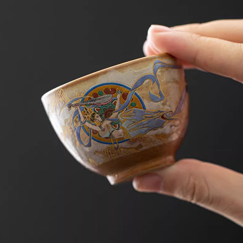 Tazza da tè in ceramica Gaiwan Sancai con Buddha Stones Dunhuang Flying Apsaras Tazza da tè Kung Fu con coperchio