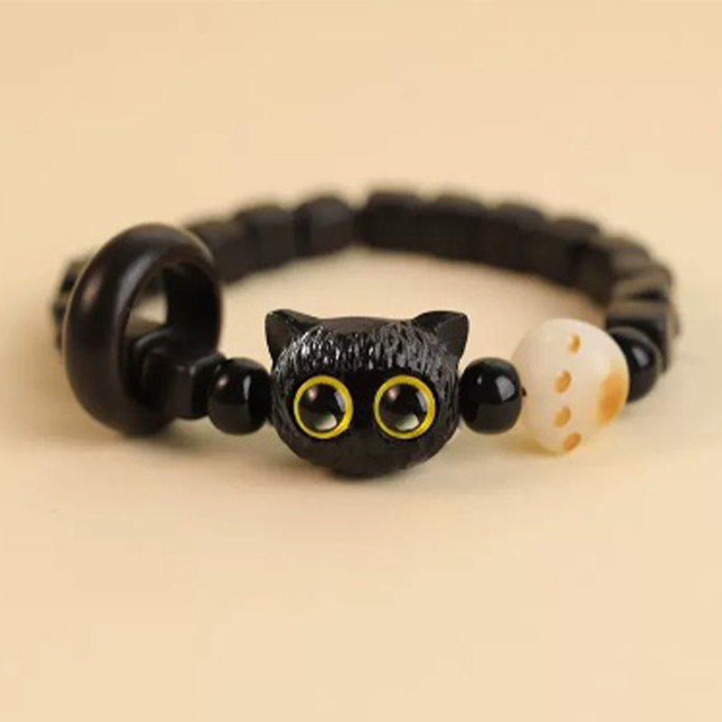Braccialetto della pace con motivo a testa di gatto in legno di ebano Buddha Stones - Seme di Bodhi di gatto ebano (circonferenza del polso 14-16 cm) - image 9