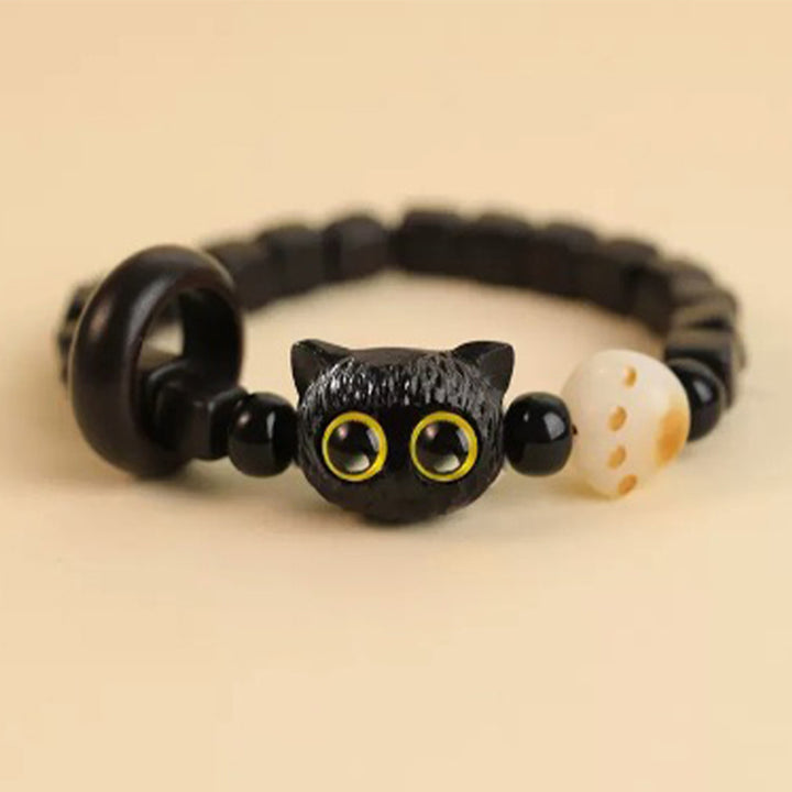 Braccialetto della pace con motivo a testa di gatto in legno di ebano Buddha Stones - Seme di Bodhi di gatto ebano (circonferenza del polso 14-16 cm) - image 9