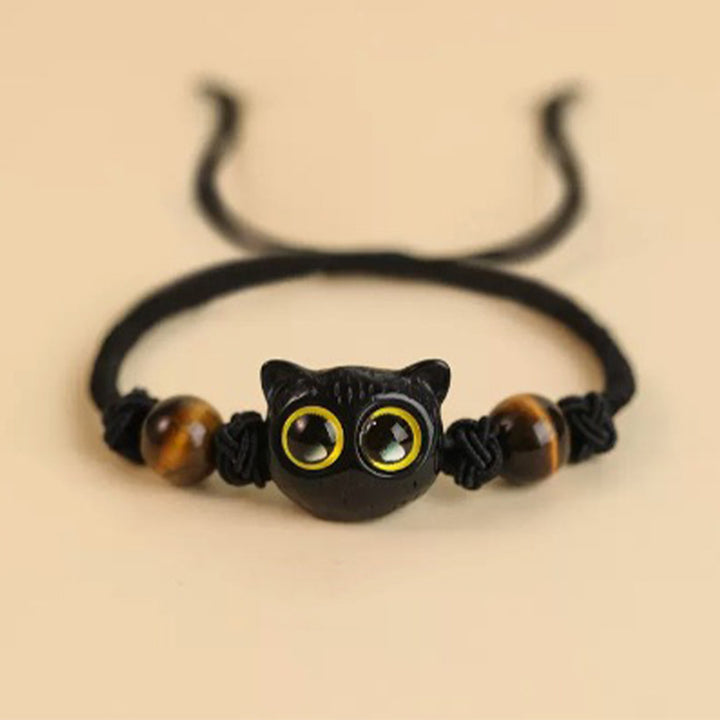 Braccialetto della pace con motivo a testa di gatto in legno di ebano Buddha Stones - Bracciale in corda con occhio di tigre e gatto in ebano (circonferenza polso 14-18 cm) - image 11