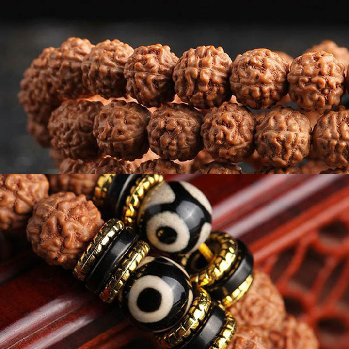 Buddha Stones 108 Mala Beads Rudraksha Bodhi Seed Dzi Bead Braccialetto Fortuna Ricchezza