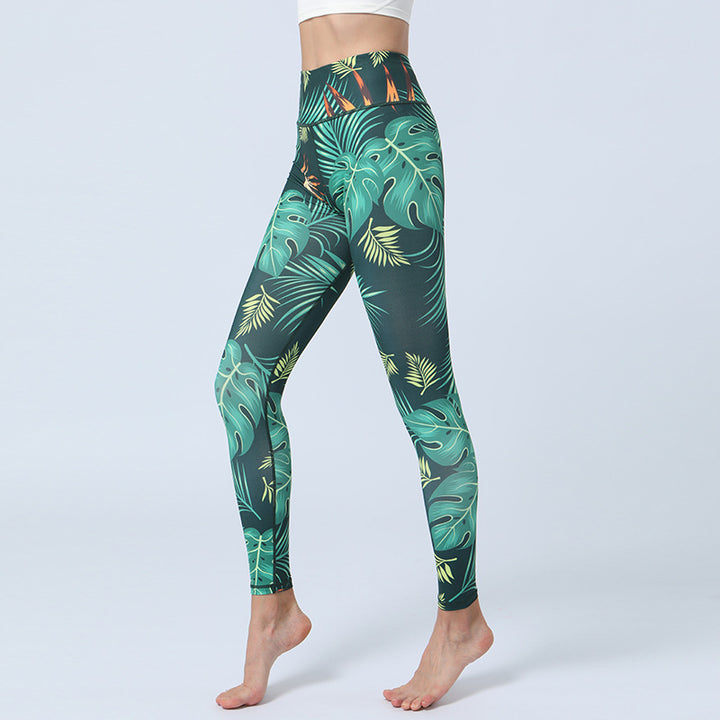 Pantaloni da yoga con stampa di Buddha Stones , sportivi, fitness, yoga, leggings a vita alta, pantaloni da yoga da donna - Foglie verdi - US8-10, UK/AU12-14, EU40-42 (XL)  - image 0