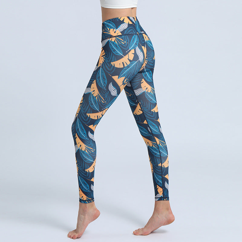 Pantaloni da yoga con stampa di Buddha Stones , sportivi, fitness, yoga, leggings a vita alta, pantaloni da yoga da donna - Foglie gialle blu acciaio - US8-10, UK/AU12-14, EU40-42 (XL)  - image 11