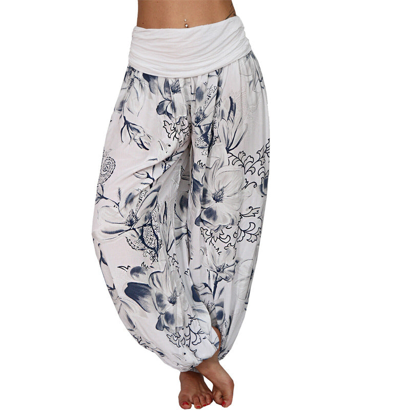 Pantaloni harem larghi con motivo a foglie di fiore Buddha Stones, pantaloni da yoga da donna - Bianco - US20, UK/AU24, EU52 (5XL) - image 4