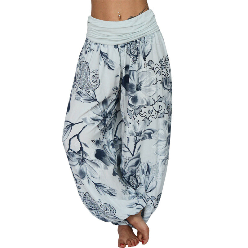 Pantaloni harem larghi con motivo a foglie di fiore Buddha Stones, pantaloni da yoga da donna - Azzurro chiaro - US20, UK/AU24, EU52 (5XL) - image 19