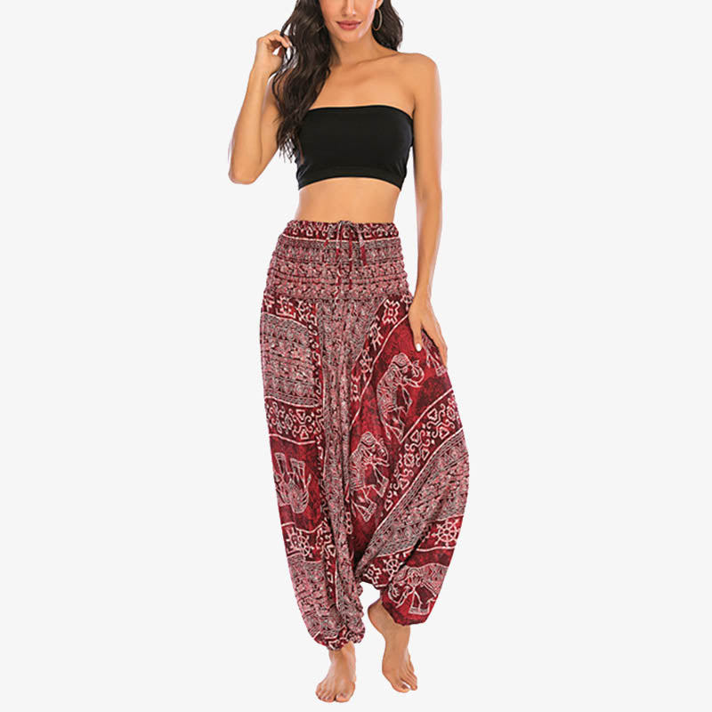 Pantaloni harem larghi e arricciati con motivo a elefante, tuta da yoga da donna, stile Buddha Stones, due stili - image 5