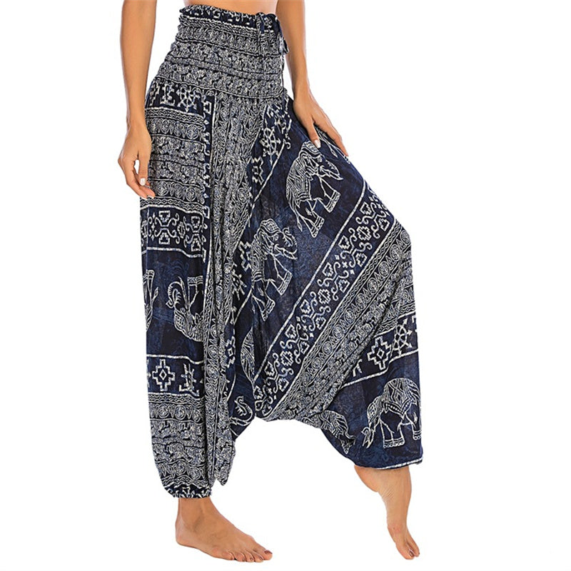 Pantaloni harem larghi e arricciati con motivo a elefante, tuta da yoga da donna, stile Buddha Stones, due stili - Elefante blu - US2-12， UK/AU6-16，EU34-44 (F) - image 31
