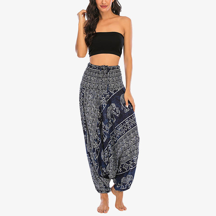 Pantaloni harem larghi e arricciati con motivo a elefante, tuta da yoga da donna, stile Buddha Stones, due stili - image 36