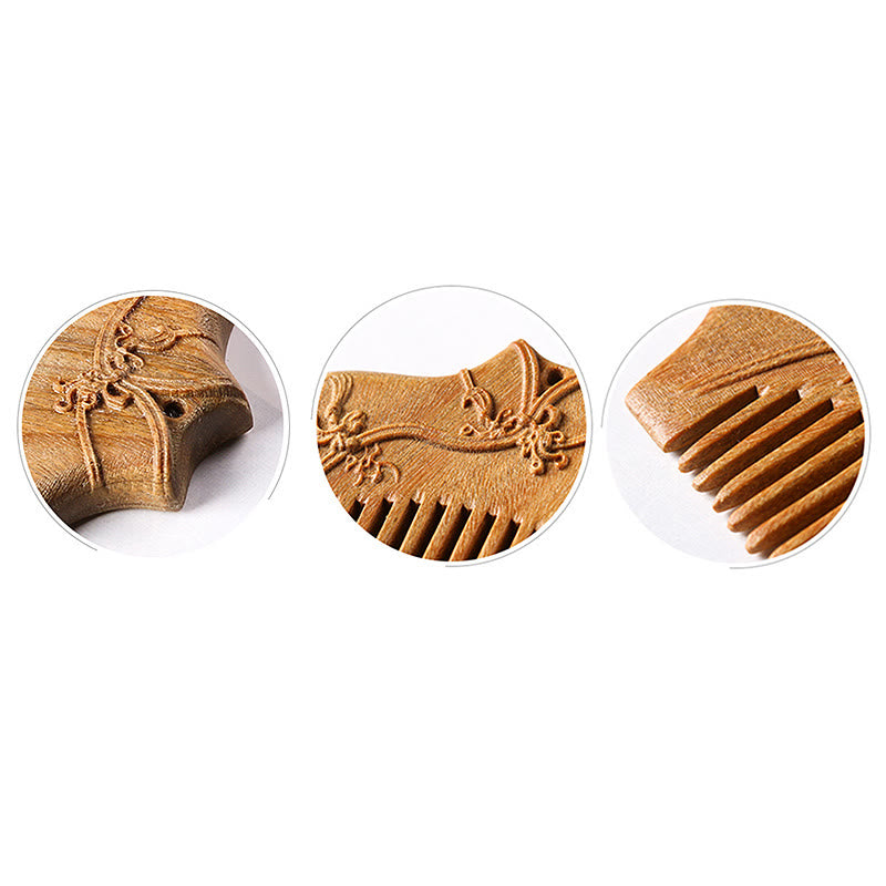 Pettine lenitivo inciso con motivo floreale in legno di sandalo verde Buddha Stones