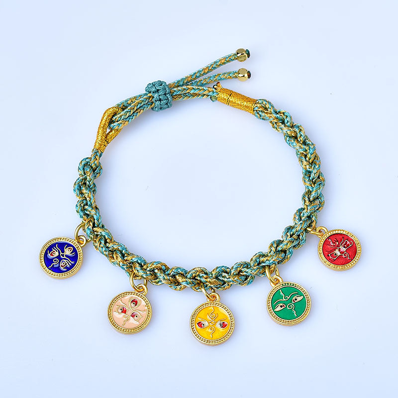 Braccialetto intrecciato con cinque divinità della ricchezza e della fortuna, fatto a mano in Buddha Stones tibetana multicolore