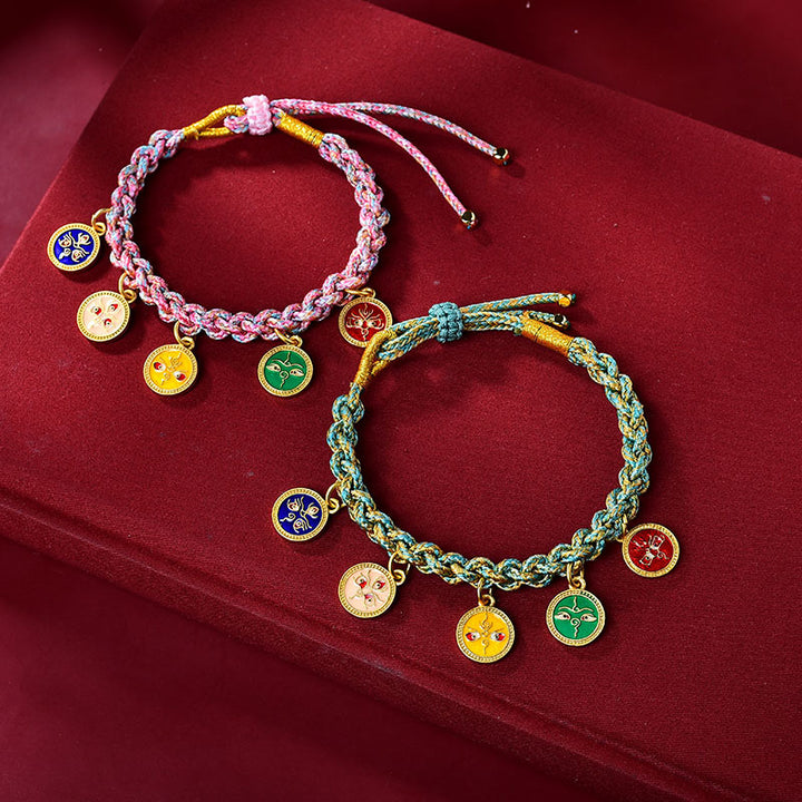 Braccialetto intrecciato con cinque divinità della ricchezza e della fortuna, fatto a mano in Buddha Stones tibetana multicolore