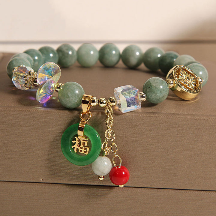 Braccialetto di guarigione con ciondolo a forma di carattere Fu in quarzo fragola e giada Buddha Stones