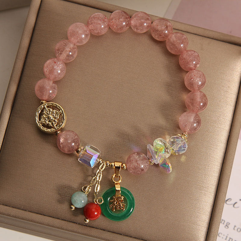 Braccialetto di guarigione con ciondolo a forma di carattere Fu in quarzo fragola e giada Buddha Stones